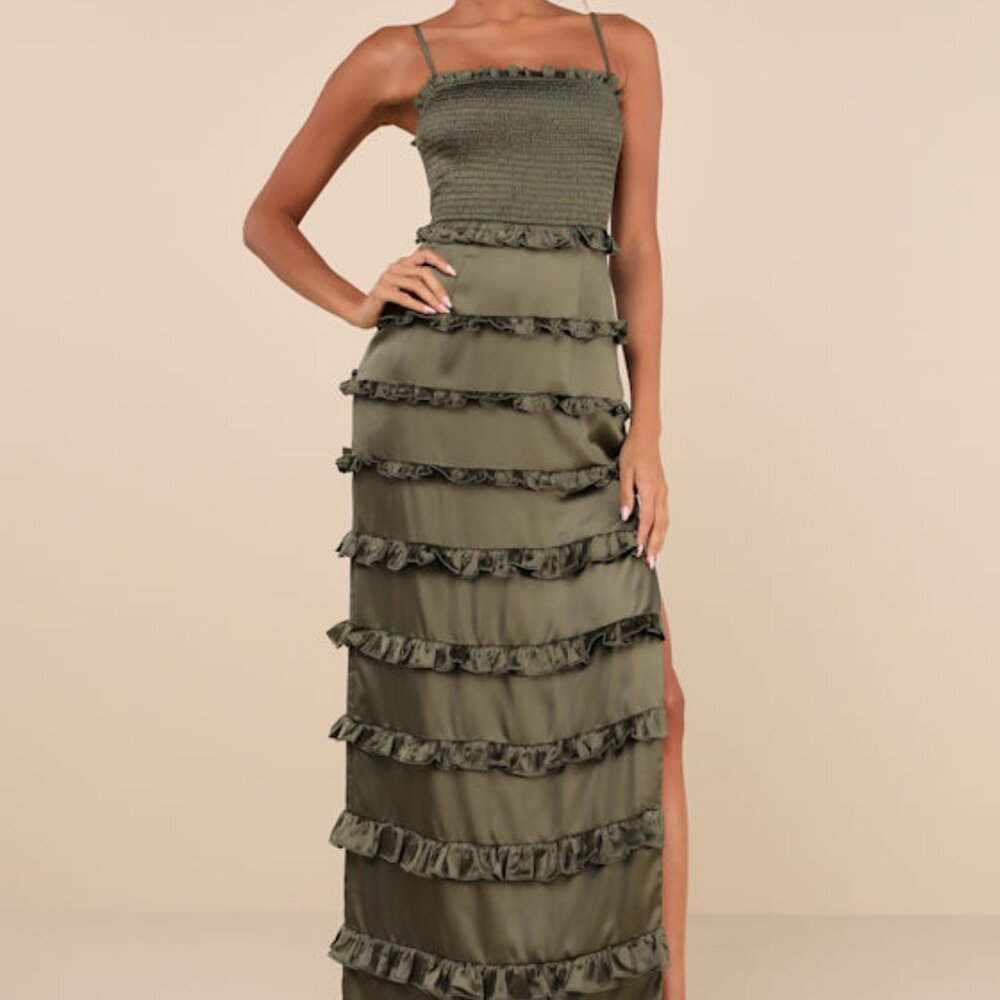 Lulus Sincerely Fabulous Olive Green Satin Smocked Ruffled Maxi Dress - Size L